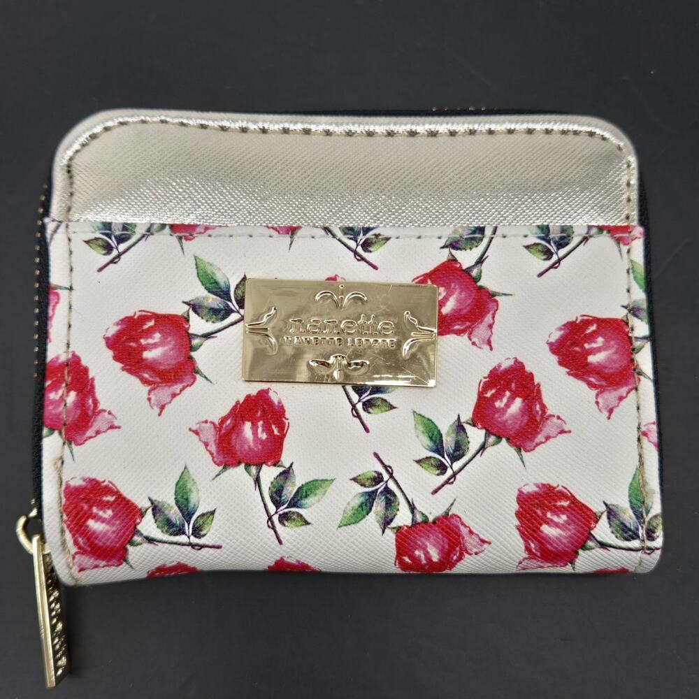 Nanette Lepore White Floral Rose Zip Around Wallet Logo Card Slots Excellent